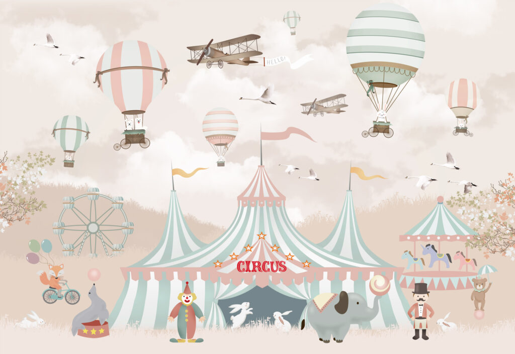 Pastel Circus Wallpaper : Carnival Tents and Balloons Kids Mural - flat design