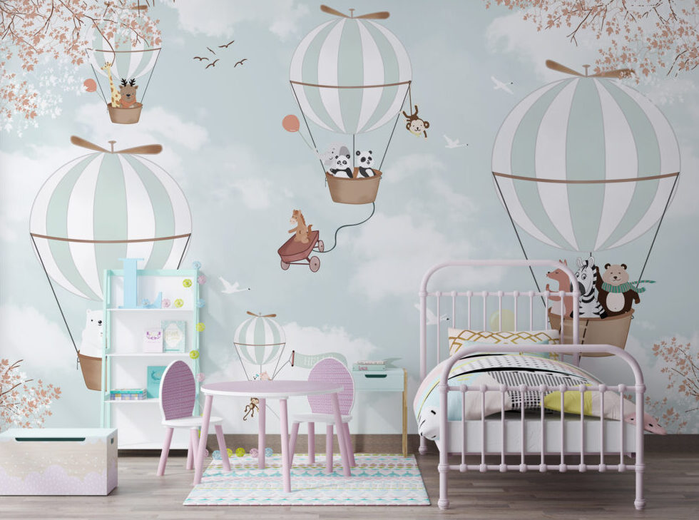 Animal Balloon Ride Wallpaper : Pandas and Foxes in the Clouds Mural