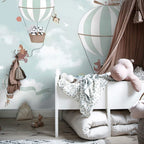 Animal Balloon Ride Wallpaper : Pandas and Foxes in the Clouds Mural - View 5