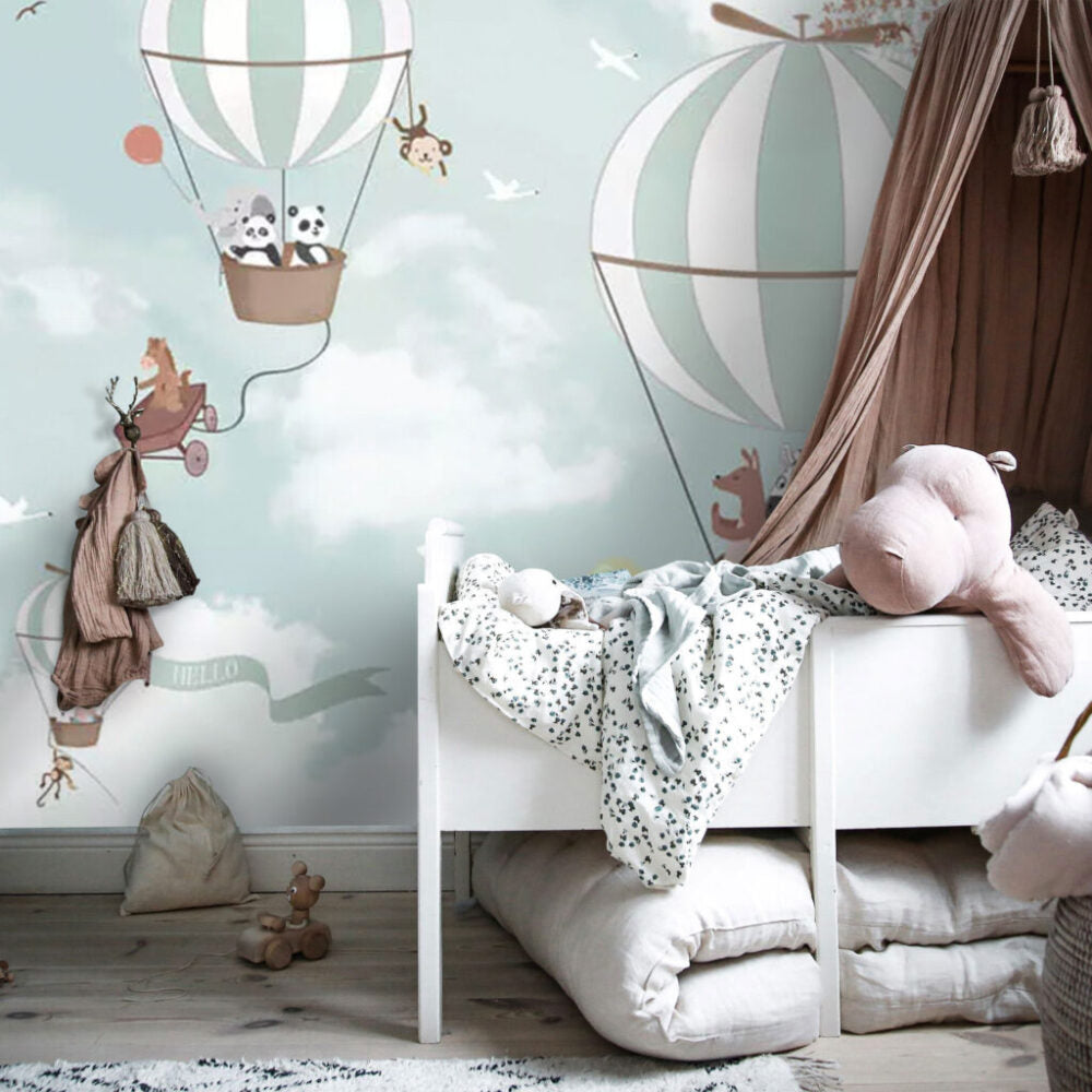 Animal Balloon Ride Wallpaper : Pandas and Foxes in the Clouds Mural - View 5