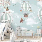 Animal Balloon Ride Wallpaper : Pandas and Foxes in the Clouds Mural - View 4