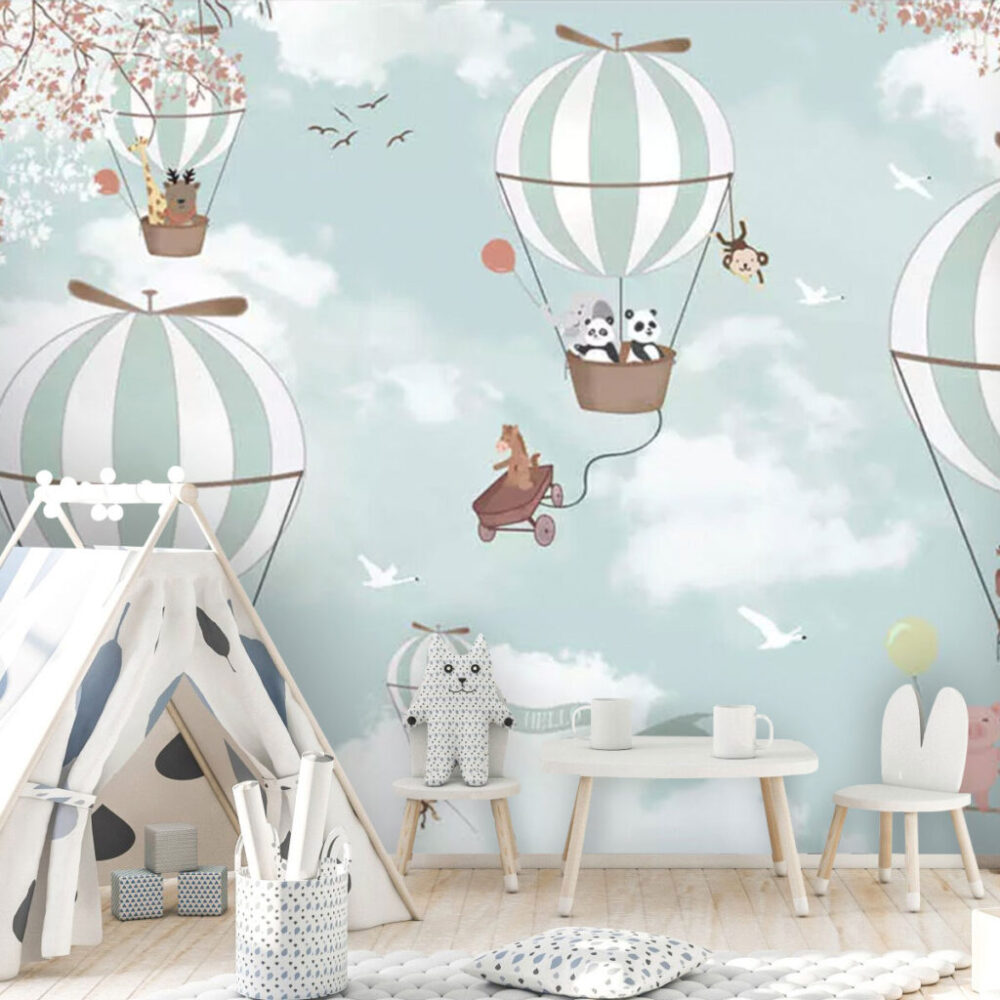 Animal Balloon Ride Wallpaper : Pandas and Foxes in the Clouds Mural - View 4