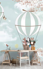 Animal Balloon Ride Wallpaper : Pandas and Foxes in the Clouds Mural - View 3