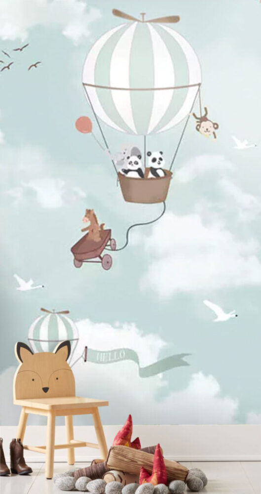 Animal Balloon Ride Wallpaper : Pandas and Foxes in the Clouds Mural - View 2
