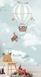 Animal Balloon Ride Wallpaper : Pandas and Foxes in the Clouds Mural - View 2