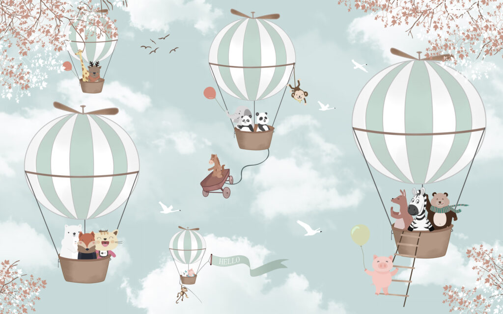 Animal Balloon Ride Wallpaper : Pandas and Foxes in the Clouds Mural - flat design