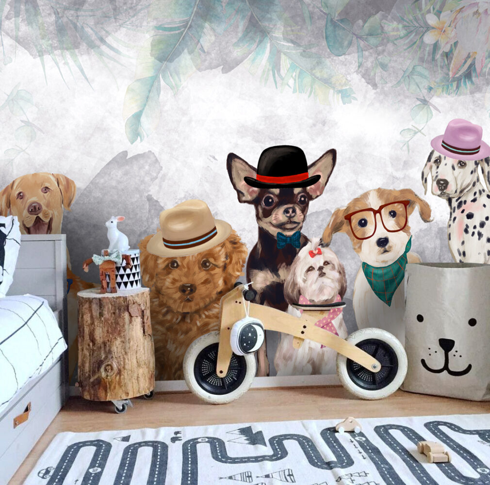 Dressed Up Dogs Wallpaper : Painted Puppies in Hats Mural