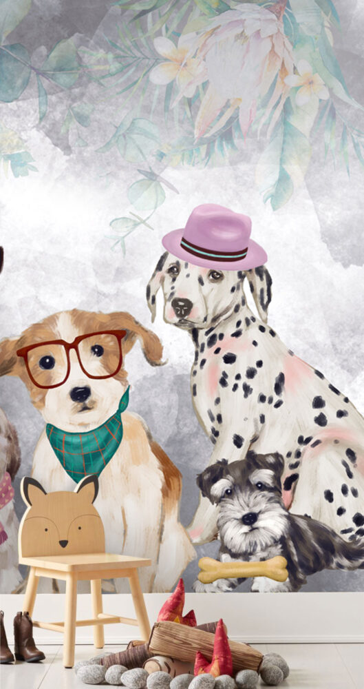 Dressed Up Dogs Wallpaper : Painted Puppies in Hats Mural - View 2