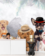 Dressed Up Dogs Wallpaper : Painted Puppies in Hats Mural - View 3