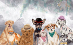 Dressed Up Dogs Wallpaper : Painted Puppies in Hats Mural - flat design
