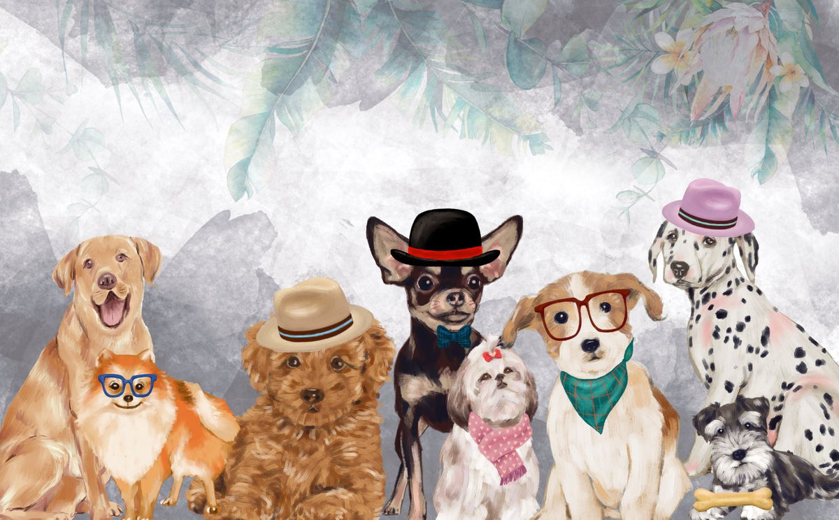 Dressed Up Dogs Wallpaper : Painted Puppies in Hats Mural - flat design