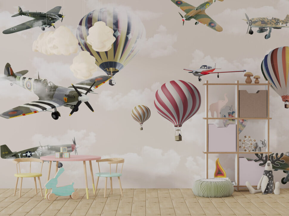 Vintage Planes and Balloons Wallpaper : Aviation Sky Kids Mural