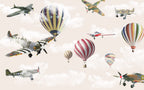 Vintage Planes and Balloons Wallpaper : Aviation Sky Kids Mural - flat design