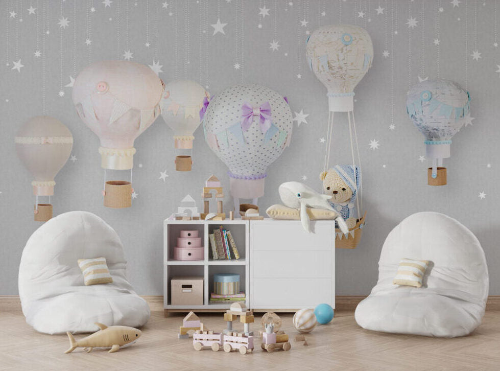 Teddy Bear Balloons Wallpaper : Pastel Starry Nursery Mural
