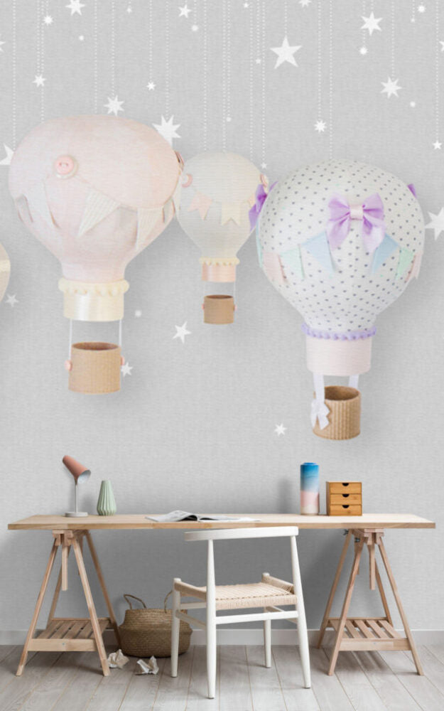 Teddy Bear Balloons Wallpaper : Pastel Starry Nursery Mural - View 4