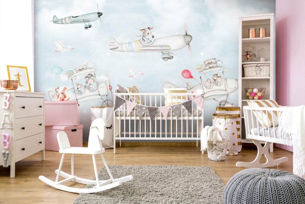 Pilot Animals Wallpaper : Little Airplanes in the Clouds Kids Mural - View 2