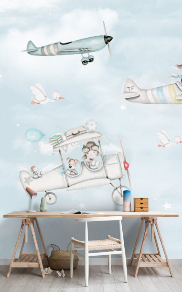Pilot Animals Wallpaper : Little Airplanes in the Clouds Kids Mural - View 5