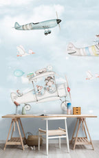 Pilot Animals Wallpaper : Little Airplanes in the Clouds Kids Mural - View 5