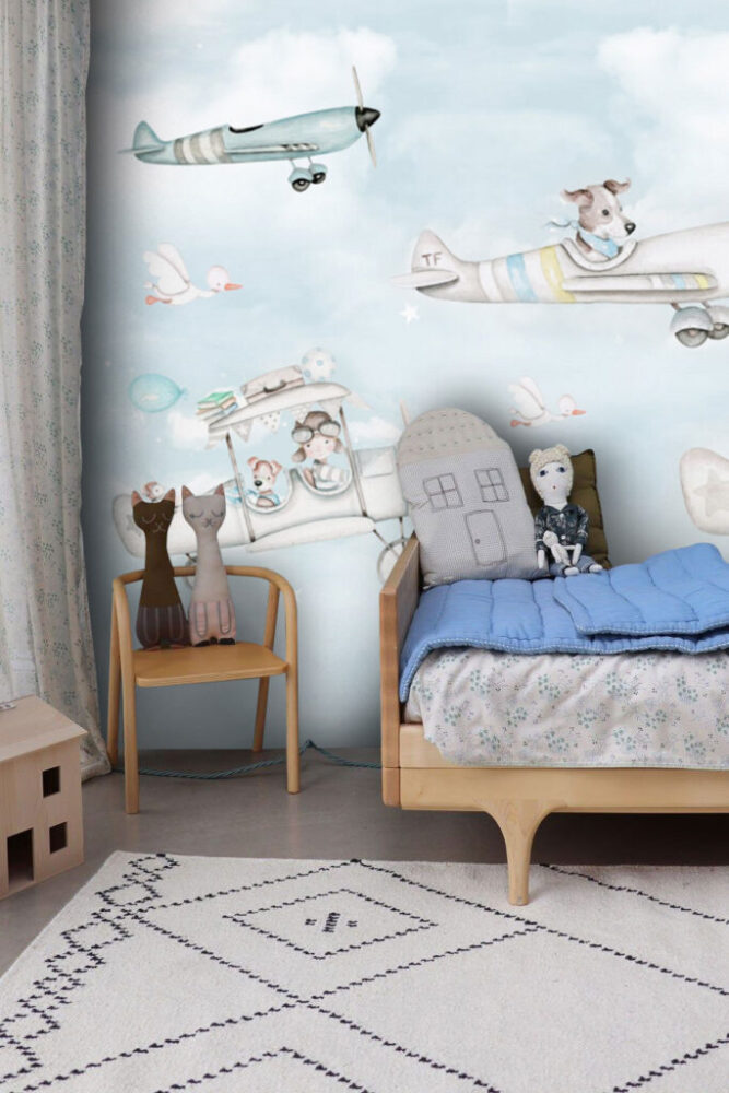Pilot Animals Wallpaper : Little Airplanes in the Clouds Kids Mural - View 4