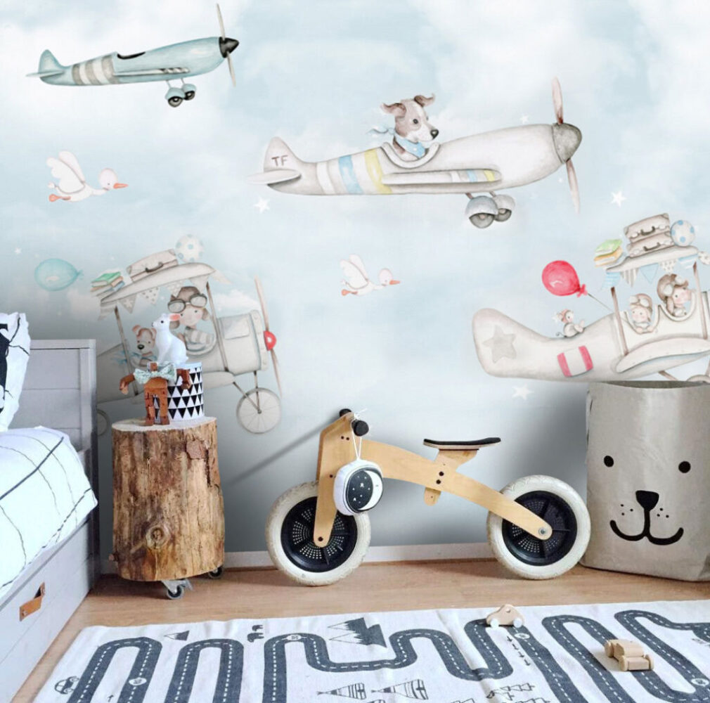 Pilot Animals Wallpaper : Little Airplanes in the Clouds Kids Mural - View 3