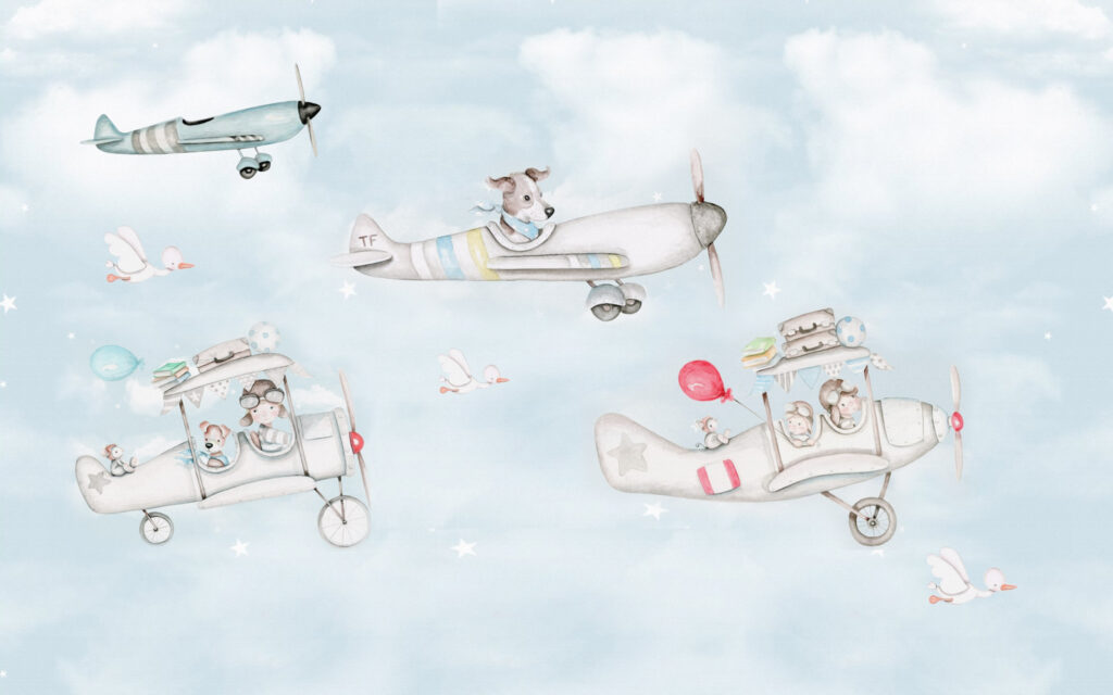 Pilot Animals Wallpaper : Little Airplanes in the Clouds Kids Mural - flat design