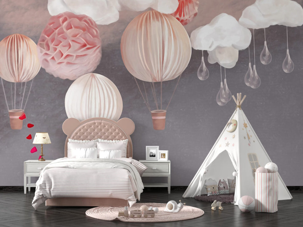 Paper Lantern Balloons Wallpaper : Pink Clouds on Grey Nursery Mural