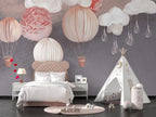 Paper Lantern Balloons Wallpaper : Pink Clouds on Grey Nursery Mural