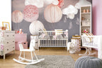Paper Lantern Balloons Wallpaper : Pink Clouds on Grey Nursery Mural - View 5