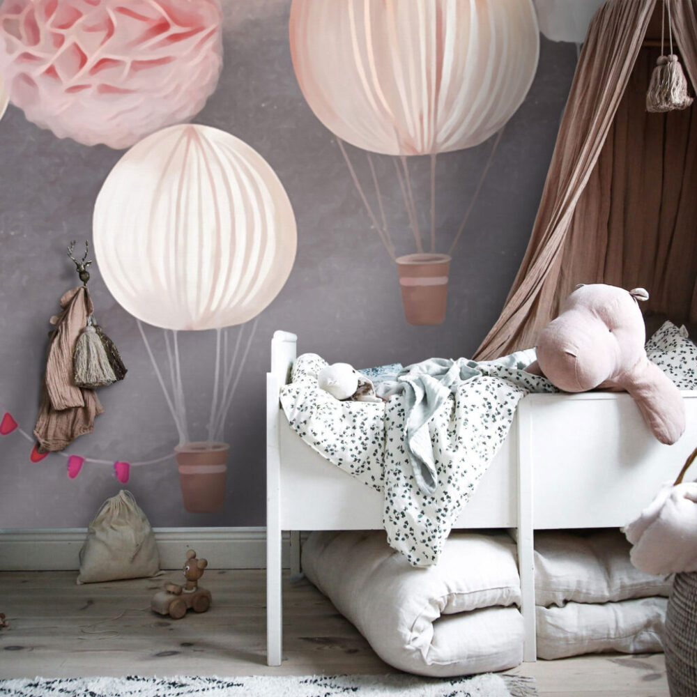Paper Lantern Balloons Wallpaper : Pink Clouds on Grey Nursery Mural - View 4