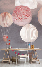 Paper Lantern Balloons Wallpaper : Pink Clouds on Grey Nursery Mural - View 3