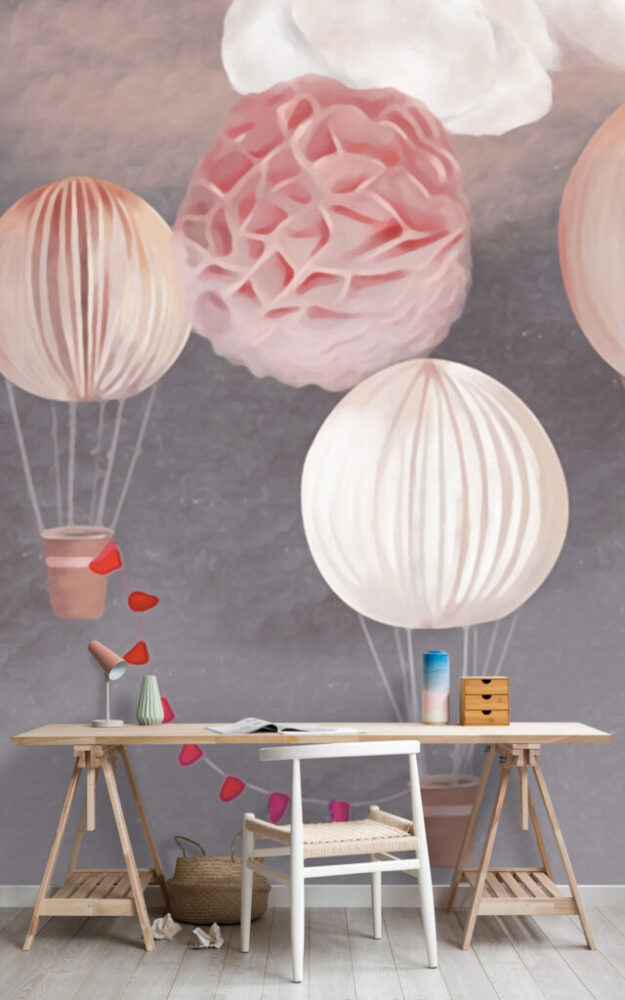 Paper Lantern Balloons Wallpaper : Pink Clouds on Grey Nursery Mural - View 3