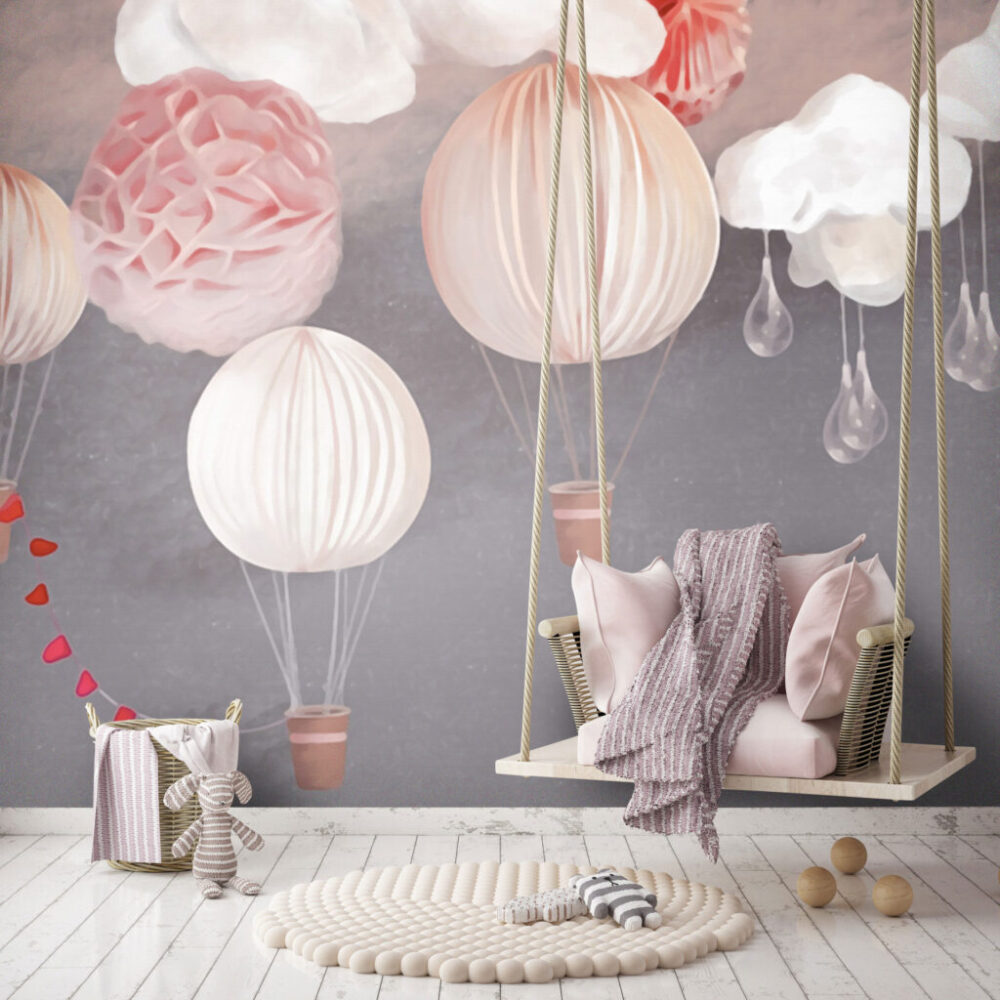 Paper Lantern Balloons Wallpaper : Pink Clouds on Grey Nursery Mural - View 2