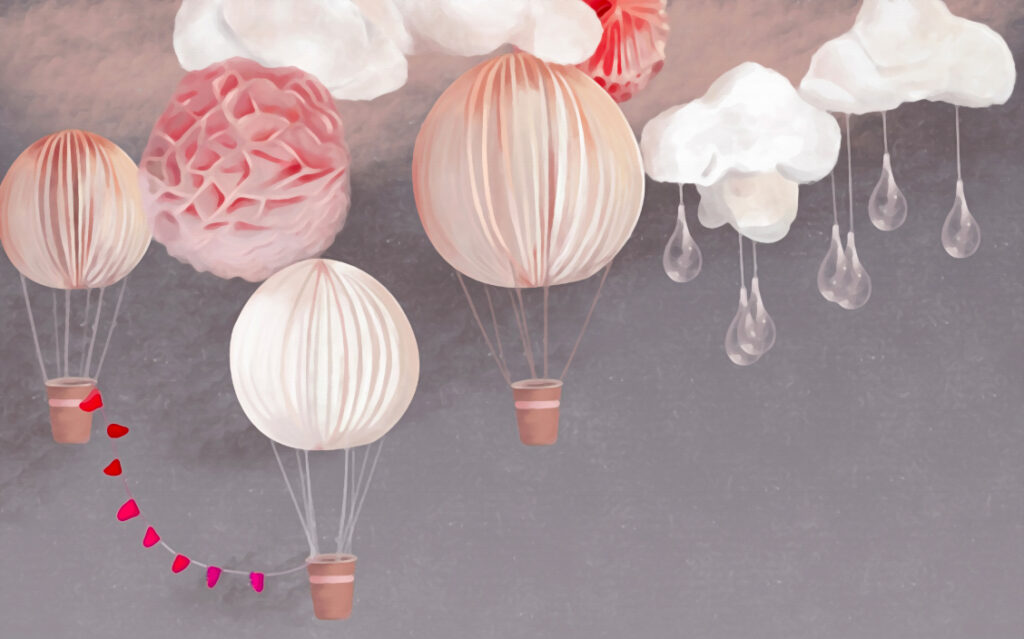 Paper Lantern Balloons Wallpaper : Pink Clouds on Grey Nursery Mural - flat design