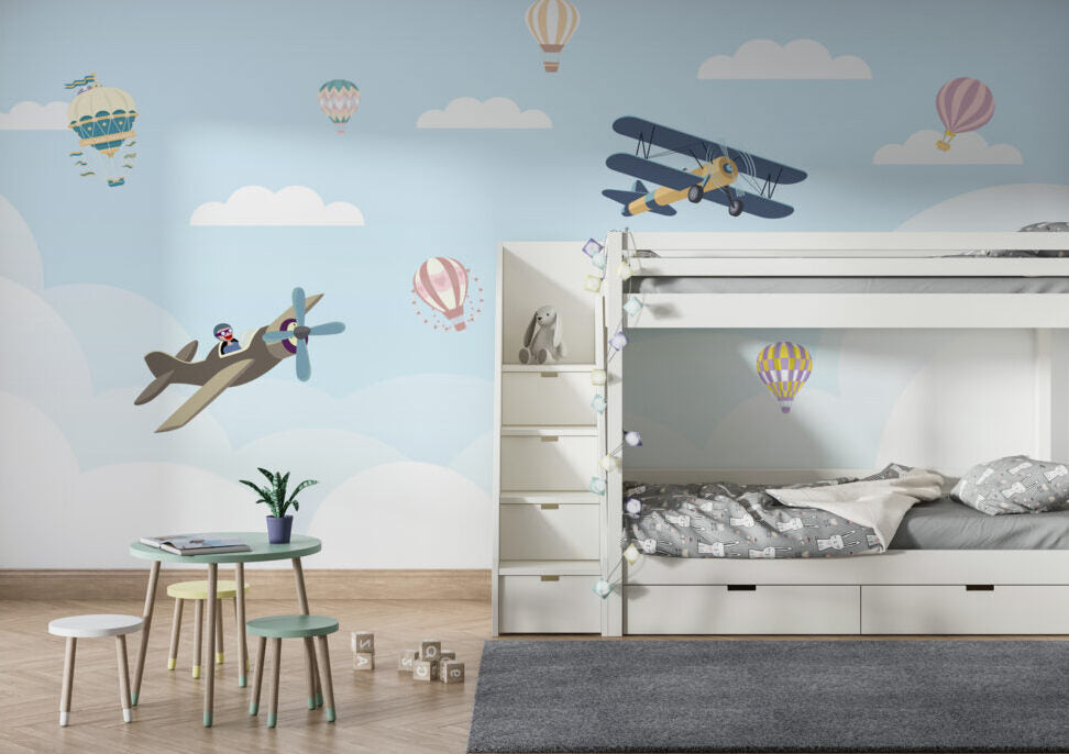 Little Biplanes Wallpaper : Soft Blue Sky and Clouds Kids Mural
