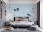 Little Biplanes Wallpaper : Soft Blue Sky and Clouds Kids Mural - View 2