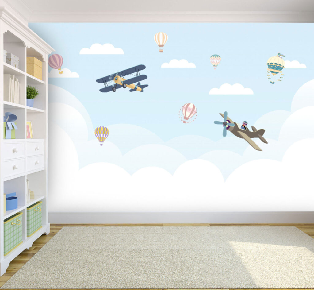 Little Biplanes Wallpaper : Soft Blue Sky and Clouds Kids Mural - View 5