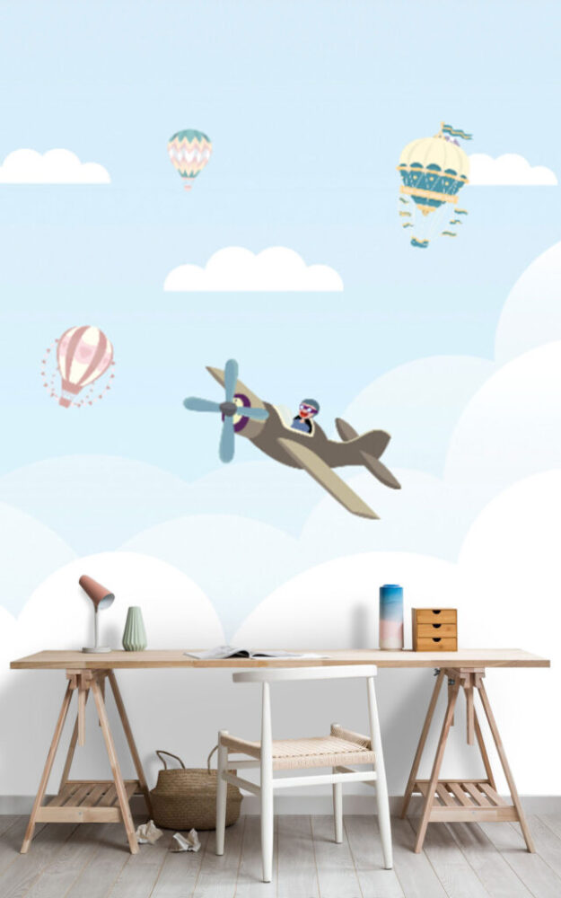 Little Biplanes Wallpaper : Soft Blue Sky and Clouds Kids Mural - View 4