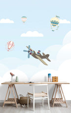 Little Biplanes Wallpaper : Soft Blue Sky and Clouds Kids Mural - View 4