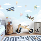 Little Biplanes Wallpaper : Soft Blue Sky and Clouds Kids Mural - View 3