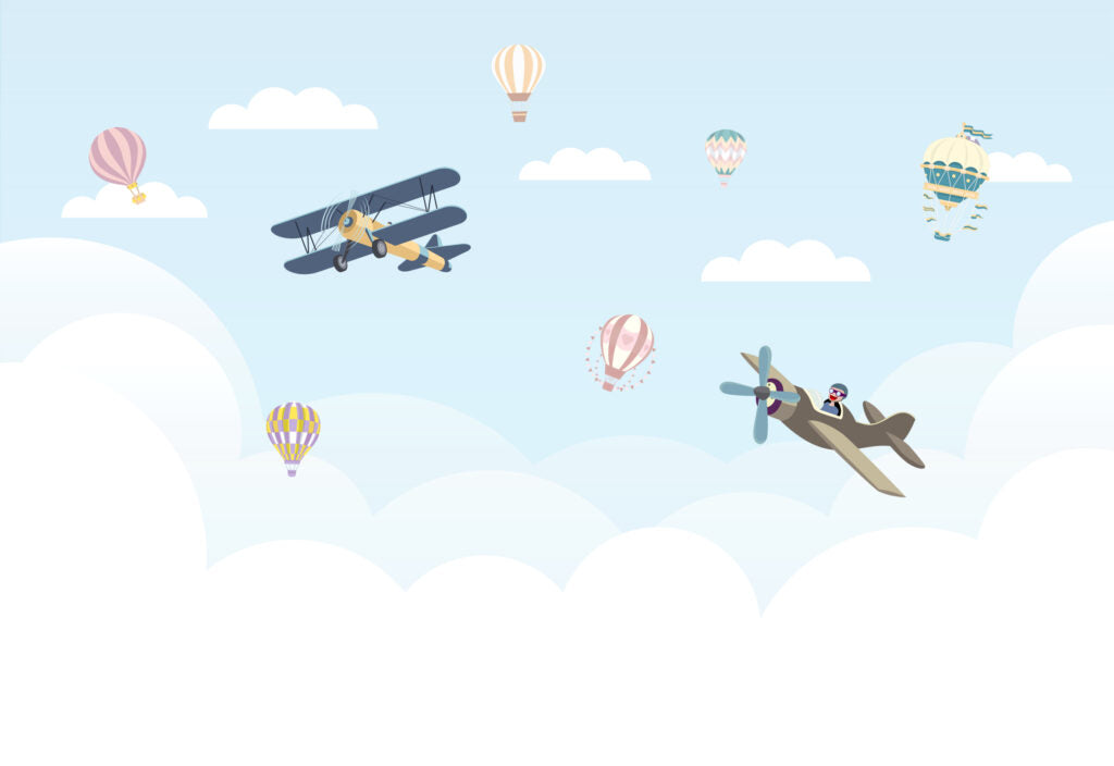 Little Biplanes Wallpaper : Soft Blue Sky and Clouds Kids Mural - flat design
