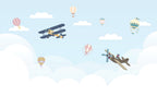 Little Biplanes Wallpaper : Soft Blue Sky and Clouds Kids Mural - flat design