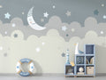 Moon and Stars Wallpaper : Grey and Beige Cloud Nursery Mural
