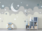 Moon and Stars Wallpaper : Grey and Beige Cloud Nursery Mural