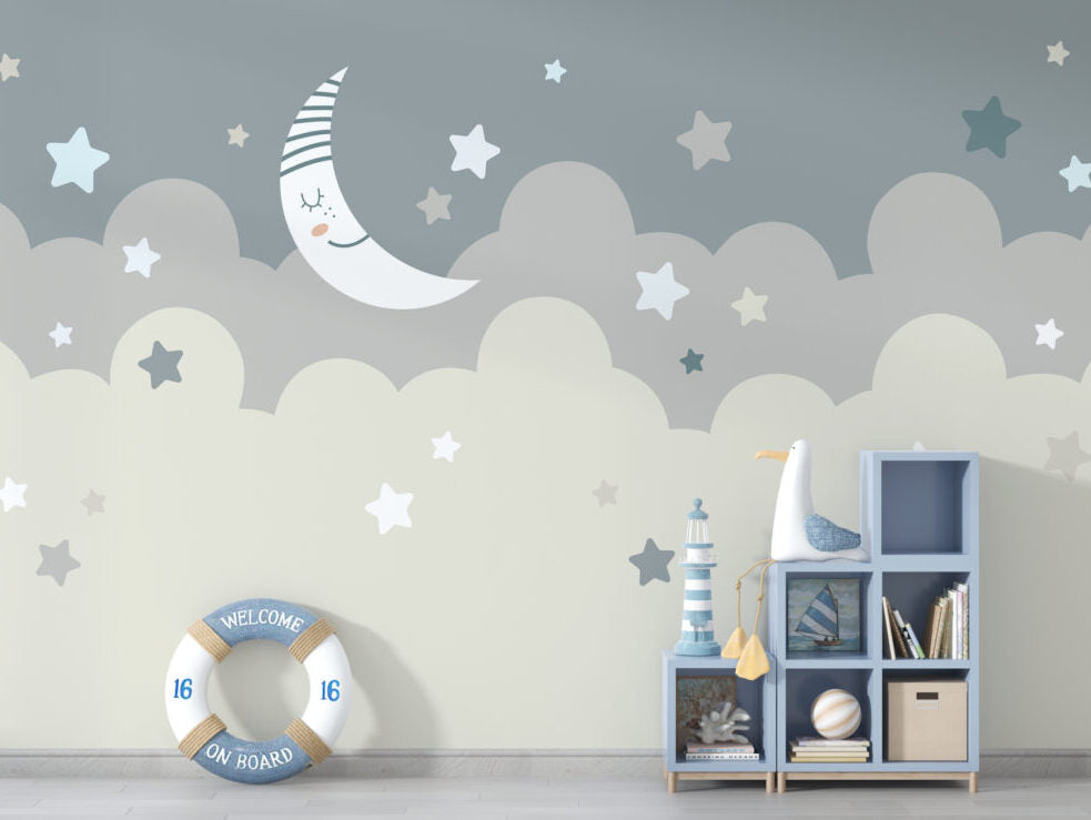 Moon and Stars Wallpaper : Grey and Beige Cloud Nursery Mural