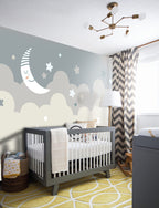 Moon and Stars Wallpaper : Grey and Beige Cloud Nursery Mural - View 5