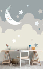 Moon and Stars Wallpaper : Grey and Beige Cloud Nursery Mural - View 4