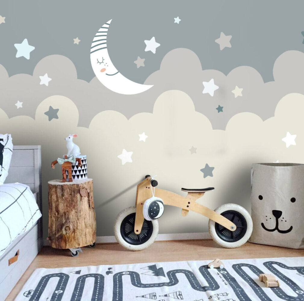 Moon and Stars Wallpaper : Grey and Beige Cloud Nursery Mural - View 2