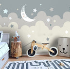 Moon and Stars Wallpaper : Grey and Beige Cloud Nursery Mural - View 2
