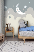 Moon and Stars Wallpaper : Grey and Beige Cloud Nursery Mural - View 3