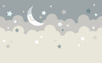 Moon and Stars Wallpaper : Grey and Beige Cloud Nursery Mural - flat design